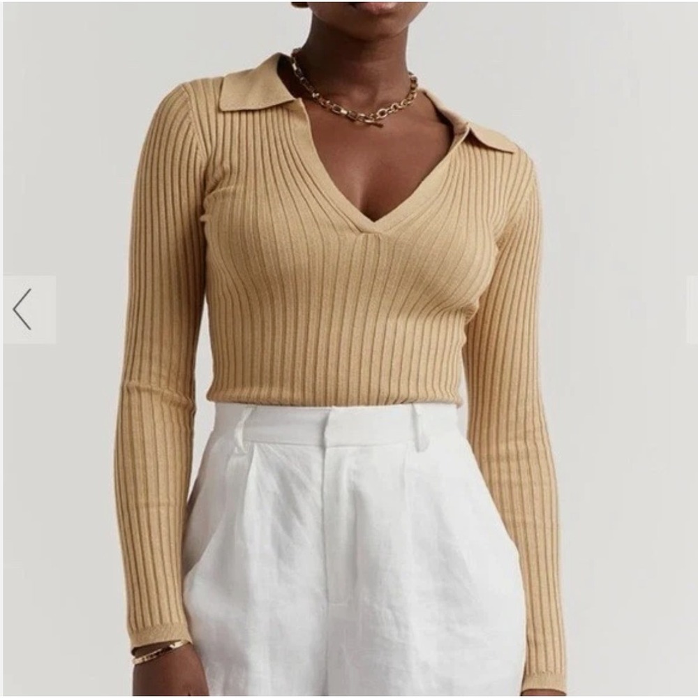 Dissh Peyton Camel Rib Knit V-Neck Polo Collar Sweater Top US 8